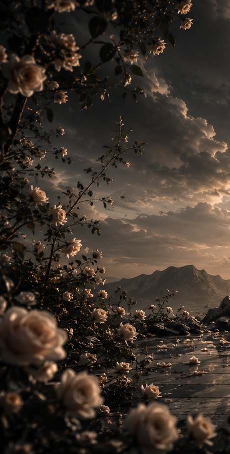 White roses in the foreground, mountains and breaking light beyond