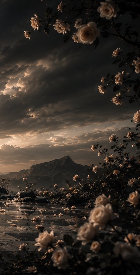 A mountain ridge under breaking light, white roses crowding the near edge