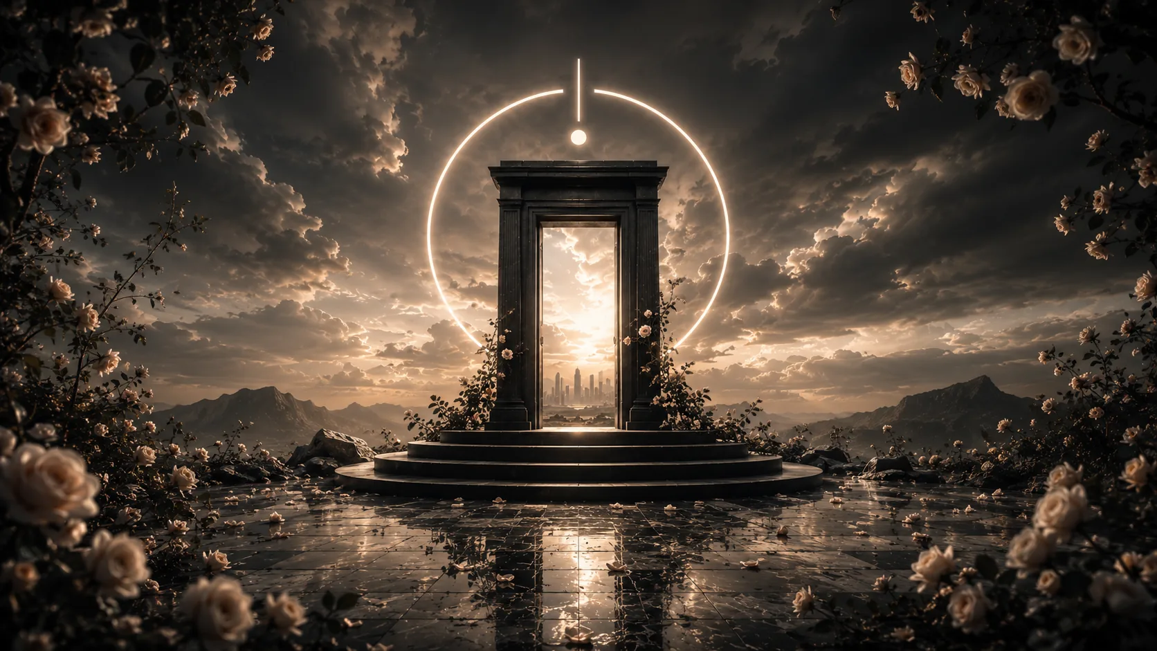 The Inception Devs mark built as a monument — a lit threshold on a stone dais, framed by white roses and opening onto a distant skyline